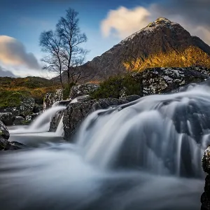 Small waterfall with Birch (Betula) and summit of Stob Dearg in the background Small waterfall with Birch (Betula) and summit of Stob Dearg in the background