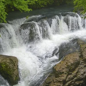 Small waterfall over rocks in a river surrounded by green trees Small waterfall over rocks in a river surrounded by green trees