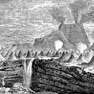Smoking volcano with numerous eruption cones Smoking volcano with numerous eruption cones