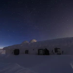 Snow-covered cabins, Dundret Nature Reserve