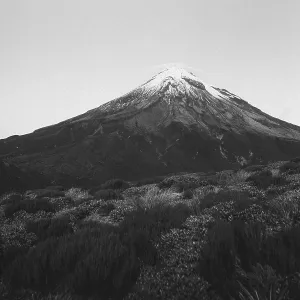 A snow-covered mountain rises above a vegetation-rich plain in black and white