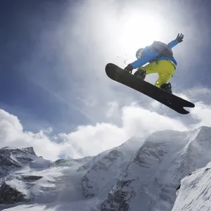 Snowboarder, jump, mountain panorama, St Snowboarder, jump, mountain panorama, St
