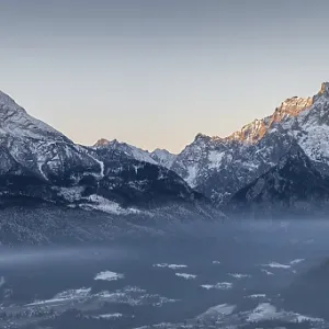 Snowy alpine landscape in morning light with a view of the majestic Watzmann