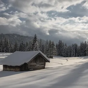 Snowy cabin in a wintry forest under a dramatic sky