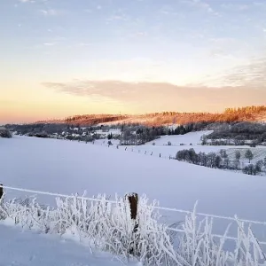 Snowy landscape at sunrise with hills and trees Snowy landscape at sunrise with hills and trees