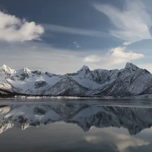 Snowy mountains reflected in water