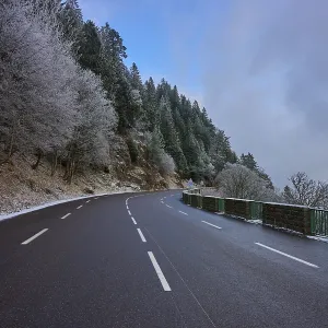 Snowy road snaking through a wintery forest with frost-covered trees Snowy road snaking through a wintery forest with frost-covered trees