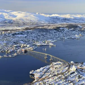 Snowy town with bridge, islands in the North Sea Snowy town with bridge, islands in the North Sea