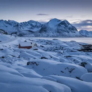 Snowy winter landscape by the sea