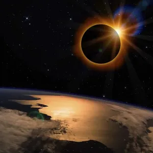 Solar eclipse with orange halo over the planet Earth Solar eclipse with orange halo over the planet Earth