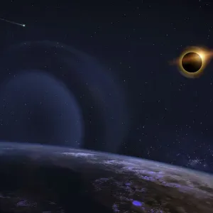 Solar eclipse with orange halo over the planet Earth Solar eclipse with orange halo over the planet Earth