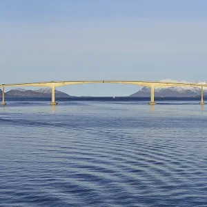 Sortland Bridge over wavy blue waters of Sortlandssundet strait