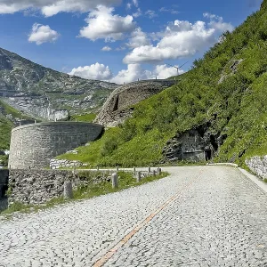 Part of southern ascent of south ramp of historic Gotthard pass road Tremola with cobblestones Part of southern ascent of south ramp of historic Gotthard pass road Tremola with cobblestones