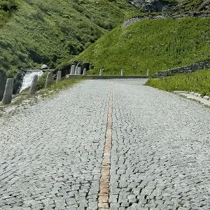 Part of the southern ascent of the south ramp of the historic Gotthard pass road Tremola with cobblestones Part of the southern ascent of the south ramp of the historic Gotthard pass road Tremola with cobblestones