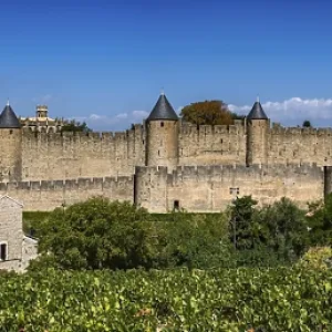 Spectacular Ancient Fortress Of Medieval City Carcassonne And Vineyards In Occitania
