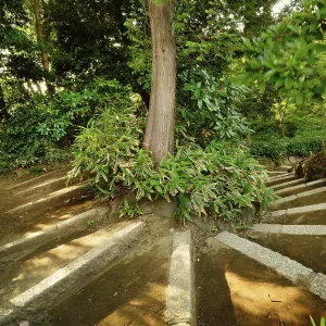 Spiral staircase leading to the Tsutsuji belvedere in the garden of Rikugien in Tokyo in Japan