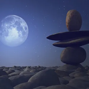 Stacked stones in moonlight on pebble sea beach Stacked stones in moonlight on pebble sea beach