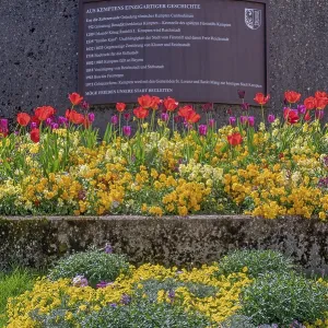 Staircase with spring flowers and information sign
