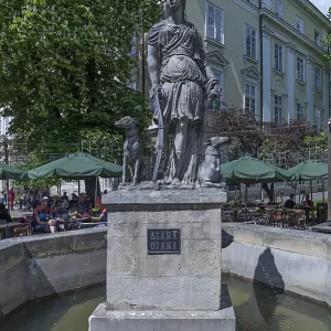 Statue of Diana with two dogs as fountain figures