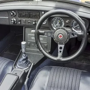 Steering wheel and dashboard of a classic 1972 MG MGB Roadster sports car Steering wheel and dashboard of a classic 1972 MG MGB Roadster sports car