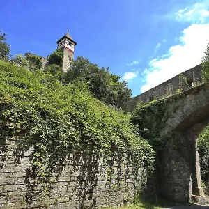 Porte de pierre avec pont entouré de vert à la Porte inférieure de Bad Wimpfen.