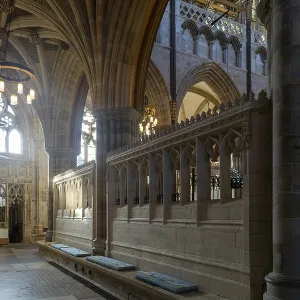 Stonework architectural details inside Exeter cathedral church Stonework architectural details inside Exeter cathedral church