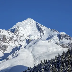 Un pic de montagne recouvert de neige impressionnant se dresse majestueusement contre un fond de ciel bleu profond et clair, entouré d'épicéas luxuriants, capturant l'essence du calme hivernal en Géorgie.