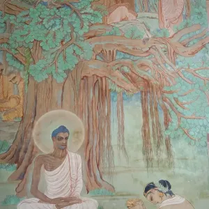 Sujata offering milk to Buddha who is living as an ascetic in the forest Sujata offering milk to Buddha who is living as an ascetic in the forest