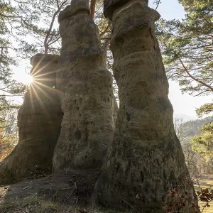 Sun rays penetrating through high rocks in the forest Sun rays penetrating through high rocks in the forest