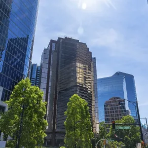 Sunlight illuminates the modern skyscrapers and lush green trees of vancouver's financial district