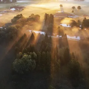 Sunrise with fog over cultivated landscape
