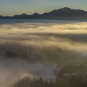 Sunrise, fog, high fog, mountain landscape