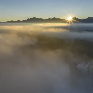 Sunrise, fog, high fog, mountain landscape