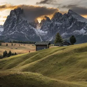 Sunrise, Hiker, Alpine meadows with huts and trees