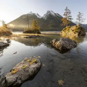 Sunrise at Hintersee with fog, Hochkalter in the back Sunrise at Hintersee with fog, Hochkalter in the back