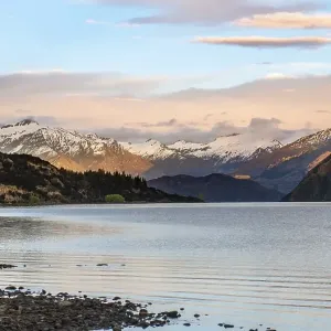 Sunrise, mountains with snow at Lake Wanaka