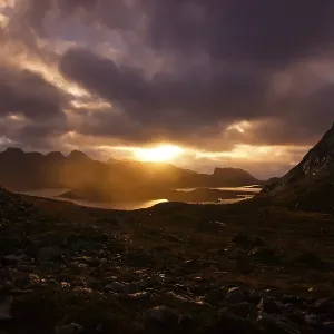 Sunrise over the Ryten mountain near Kvalvika Bay