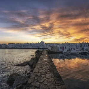 Sunrise view over Naousa Marina in Paros taken during winter season