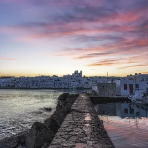 Sunrise view over Naousa Marina in Paros taken during winter season