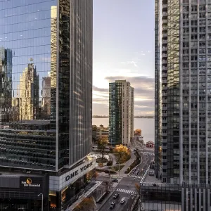 Sunset cityscape with tall buildings