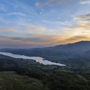 Sunset over Mountains and Coniston Water from drone Sunset over Mountains and Coniston Water from drone