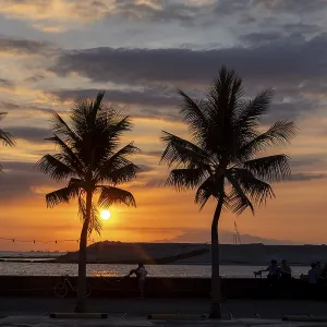 Atardecer con palmeras, volcán de Mariveles en la Península de Bataan.