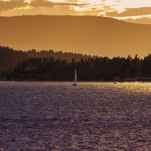 Sunset with sailboat, Oslofjorden, Norway Sunset with sailboat, Oslofjorden, Norway