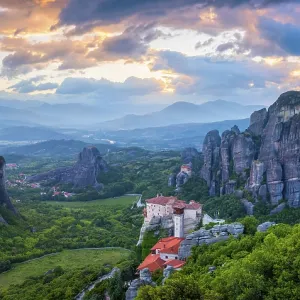 Sunset sky and monastery of Rousanou and Monastery of St