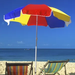 Sunshade and deckchairs on a beach on the island of Ko Lanta Sunshade and deckchairs on a beach on the island of Ko Lanta