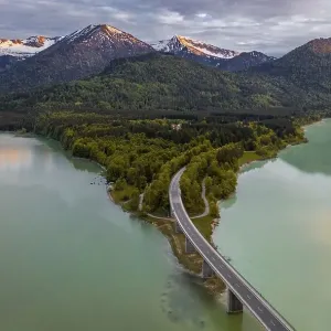 Sylvenstein lake and Faller-Klamm bridge at sunset