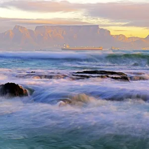 Table Mountain at dusk, seen from Bloubergstrand beach