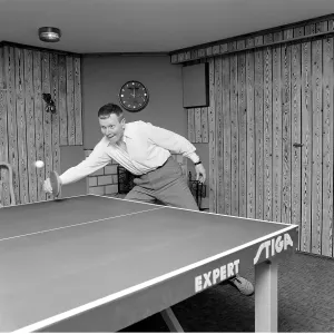 Table Tennis 1967. Singer Thore Skogman (1931-2007) pictured playing table tennis in the basement room of his house