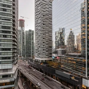 Tall glass buildings in an urban area