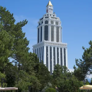 Tall white building in the park with carriages in the foreground and clear sunny sky
